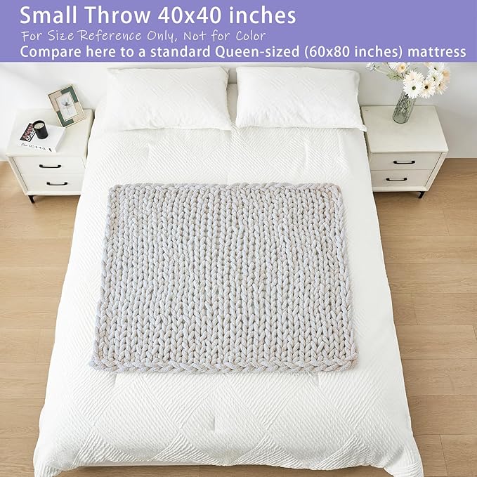 Bigacogo Chunky Knit Throw Blanket for Couch, 40x40 inches, 100% Hand Knitted with Thick Jumbo Chenille Yarn, Cozy Soft Large Rope Knot Cable Crochet Blankets for Sofa Bed Living Room, Ivory-Ruum Studio Home