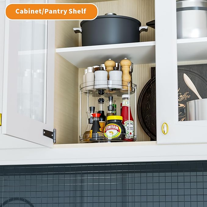 2 Tier Lazy Susan Turntable for Cabinet,Countertop,Pantry,9.5"W Spinning Seasoning Organizer,Double Rotating Kitchen Spice Rack Organizer and Condiments,Medicine,Vitamin Bottle Organizer Carousels,1Pc-Ruum Studio Home