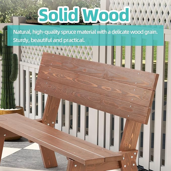 AVAWING Outdoor Convertible Wood Bench with Backrest, Patio Wood Convert a Bench, Space-Saving 2-in-1 Picnic Table Chairs Set for Backyard, Porch, Patio, Garden, Brown-Ruum Studio Home