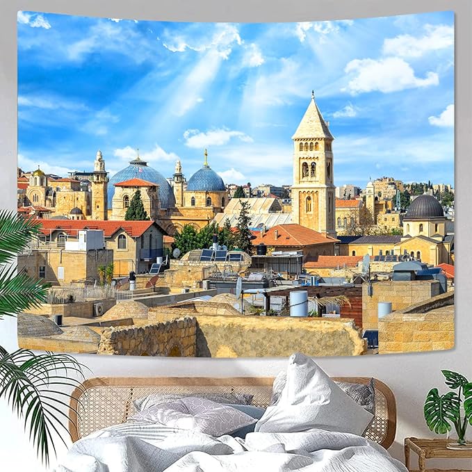 AMM Western Wall Tapestry Jerusalem Old City Church Tapestry for Bedroom Aesthetic Mediterranean Landscape Tapestries Wall Hanging for Living Room Dorm Office 80 x 60 Inch-Ruum Studio Home