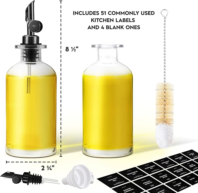 Olive Oil Dispenser Bottle - Includes 55 Kitchen Essential Labels - Cooking Oil Bottles for Kitchen, Coffee Syrup Dispenser - Pourer Spout with 11.8 fl oz Glass Container Cruet - 2pcs, Black-Ruum Studio Home