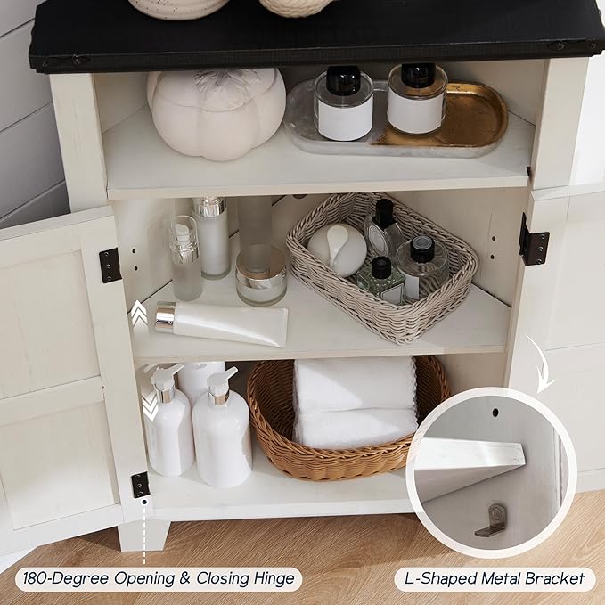 Corner Bathroom Cabinet, Farmhouse Small Corner Cabinet with Barn Door & Adjustable Shelf, Storage Cabinets for Bathroom, Kitchen, Living Room, Off White-Ruum Studio Home