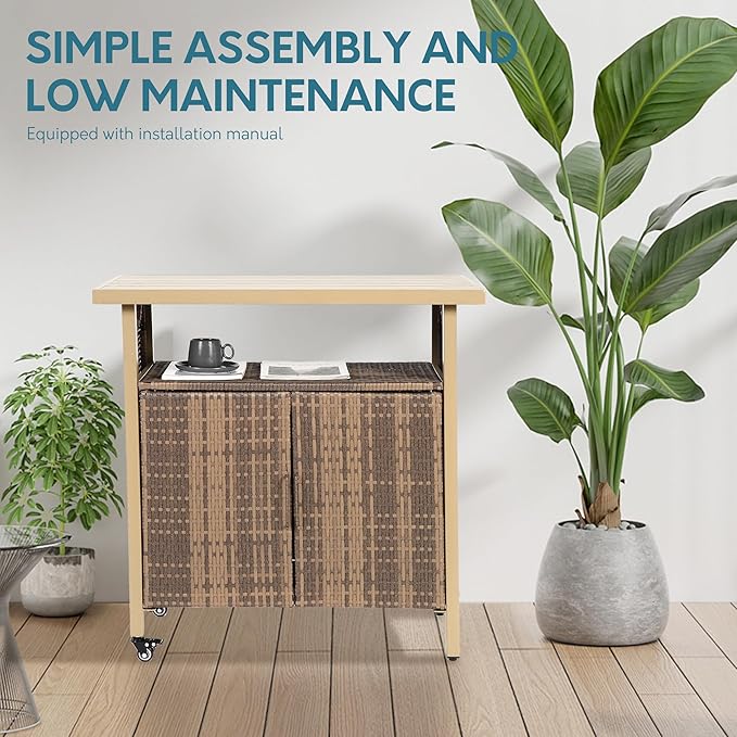 Outdoor Indoor Storage Cabinet with Rolling Wheels, Patio Serving Cart with Bar Table and Wicker Cabinet, Kitchen Island Prep Table, Beige-Ruum Studio Home