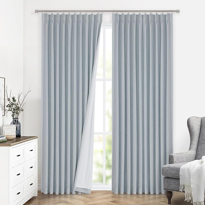 Vision Home Blue Fog Pinch Pleated Full Blackout Curtains Linen Blended Room Darkening Window Curtains 112 inch for Living Room Bedroom Thermal Insulated Pinch Pleat Drapes with Hooks 60" Wx112 Lx1-Ruum Studio Home