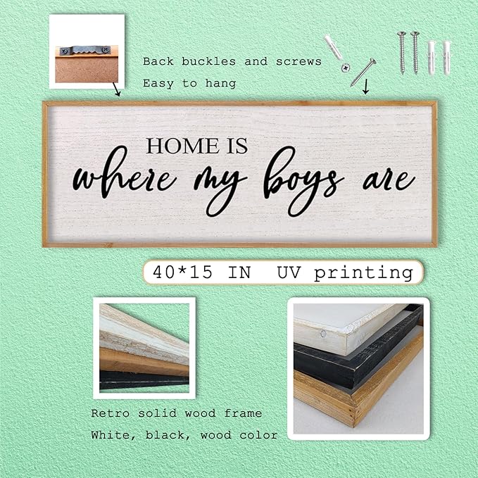 Home Is Where My Boys Are Wall Decor 40"×15" mom and her boys Sign for boys room Playroom Large Wood Framed Wall Hanging Art (Wood)-Ruum Studio Home