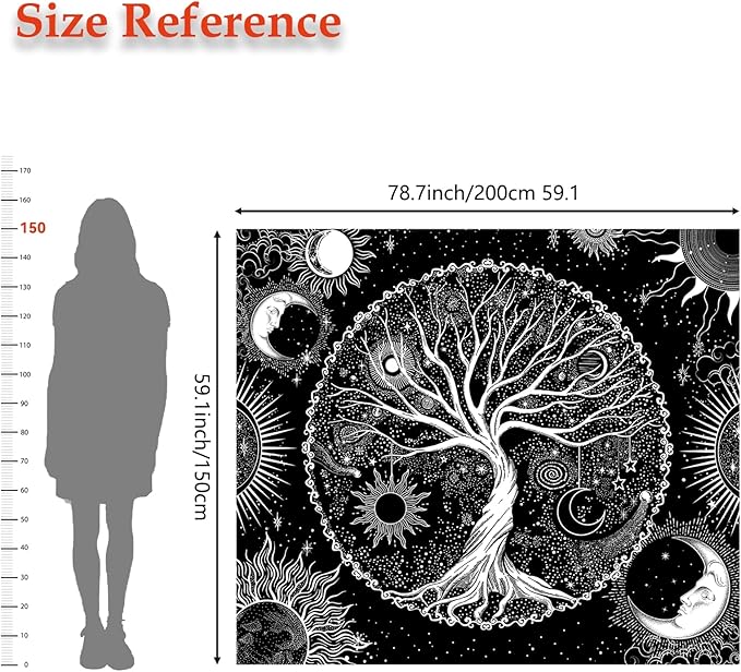 AACKart Tree of Life Tapestry for Bedroom Aesthetic Room Decor-Black and White Spiritual Tree Tapestry Wall Hanging with Sun Moon Star 78.7×59.1 inches-Ruum Studio Home