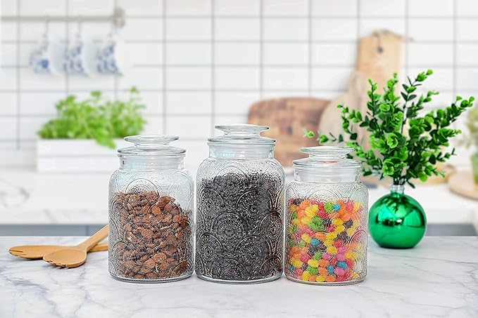 Le'raze Food Storage Containers with Airtight Lids - Retro Design - Pantry Organization, Glass Canisters Storage for Cookies, Tea, Sugar, Candy Jars, Sugar Packet, Set of 3-Ruum Studio Home