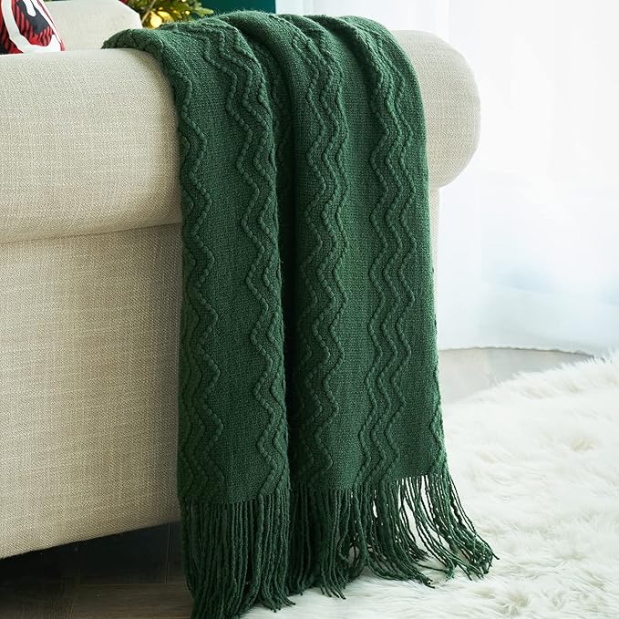MIULEE Dark Green Knitted Throw Blanket for Couch Boho Textured Cozy Woven Blanket with Tassels for Sofa Chair Bed Living Room Acrylic Wave Pattern 50"x60"-Ruum Studio Home