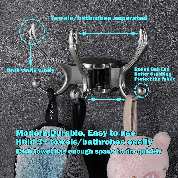 Swivel Coat Hook 2 Pack Heavy Duty Space Saving Towel Rope Hook Wall Mount Triple Swing Arms for RV Bathroom Kitchen Garage,Brushed Nickel-Ruum Studio Home