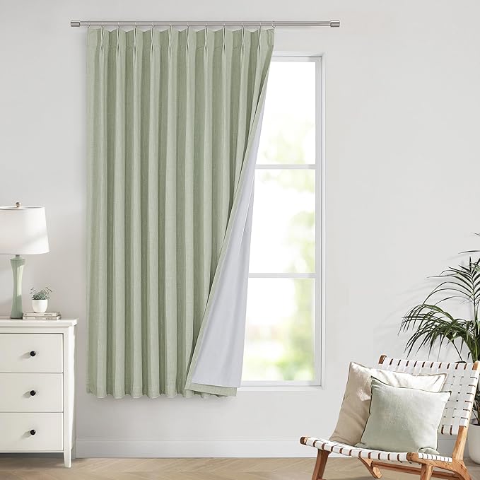 Vision Home Soft Green Pinch Pleated Full Blackout Curtains Linen Blended Room Darkening Window Curtains 72 inch for Living Room Bedroom Thermal Insulated Pinch Pleat Drapes with Hooks 60" Wx72 Lx1-Ruum Studio Home