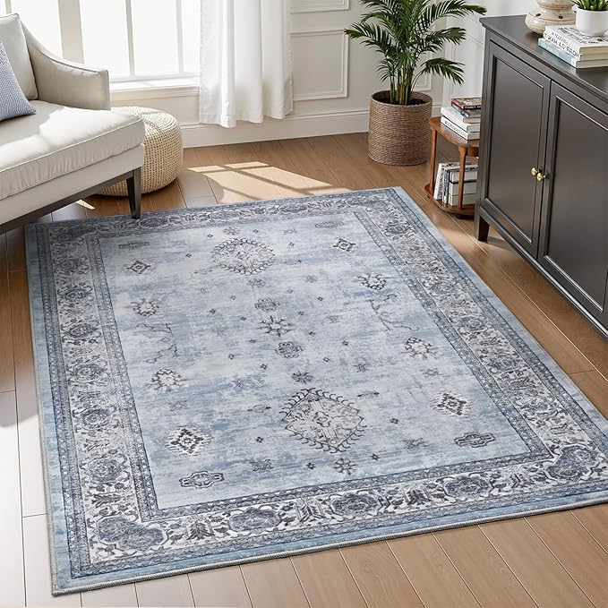 AMOAMI-Vintage Area Rug 4x6 Blue Rugs for Living Room-Soft Living Room Rug Non Slip Rugs for Bedroom Carpet Machine Washable Rug for Dining Room Bedside Office Room Decor-Ruum Studio Home
