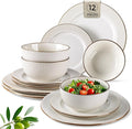 GBHOME Ceramic Dinnerware Sets,12 pcs Embossed Elegant Stoneware Plates and Bowls Sets, Housewarming Wedding Gift | Dishwasher & Microwave Safe | Dishes Set Service for 4-Ruum Studio Home