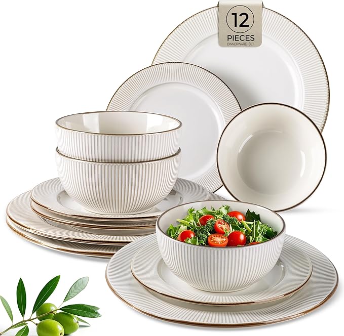 GBHOME Ceramic Dinnerware Sets,12 pcs Embossed Elegant Stoneware Plates and Bowls Sets, Housewarming Wedding Gift | Dishwasher & Microwave Safe | Dishes Set Service for 4-Ruum Studio Home
