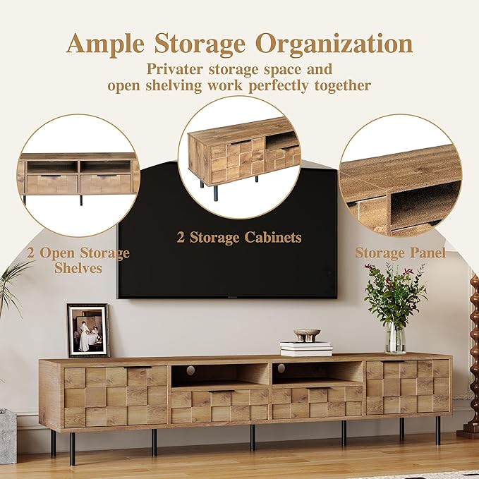 Modern TV Stand for TVs up to 85", Mid-Century Media Console with Checkered Cabinet Doors, Storage Drawers & Open Shelves, Wood Entertainment Center with Metal Legs-Ruum Studio Home