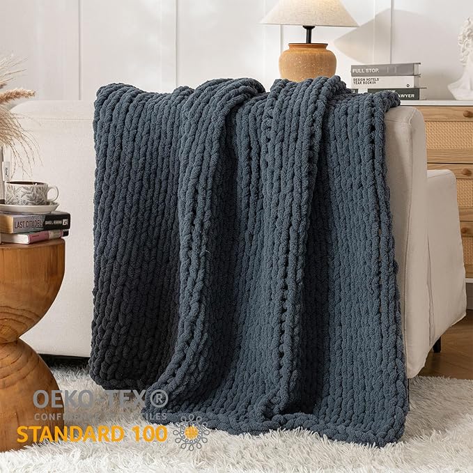 Chunky Knit Blanket Throw, 100% Hand Knit Throw Blanket Handmade Chenille Cable Knit Throw for Couch, Stylish Cozy Soft Rope Knot Crochet Blanket for Home Decor, Blue Mirage, 50x60 Inches-Ruum Studio Home