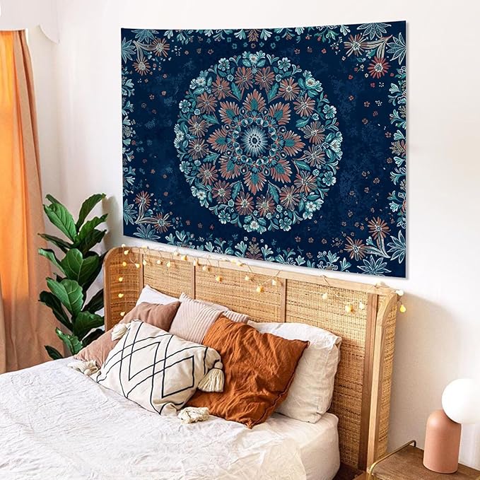 Fowocu Boho Floral Mandala Tapestry Wall Hanging Blue Bohemian Flower Medallion Tapestry Aesthetic Vintage Navy Hippie Indian Small Tapestries for Bedroom Living Room Dorm Decor 48 x 36 Inch-Ruum Studio Home