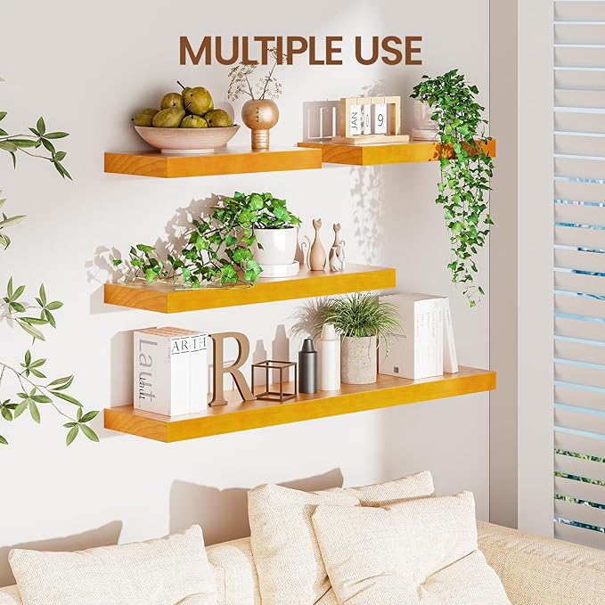 Honey Oak Brown Floating Wall Shelves 24 Inches Long x 8”x 1.4” Wooden Shelf Floating Rustic Farmhouse Decor, Heavy Duty Shelf Hold 60 lbs, Wall Shelves for Bathroom Living Room Kitchen Bedroom Office-Ruum Studio Home