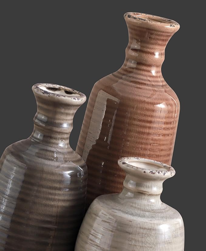 Ceramic Vases Set of 3, Neutral Rustic Farmhouse Vases Home Decor Decorative Flower Vase Modern Boho Pampass Vase for Table Mantel Entryway Shelf Living Room Kitchen Bathroom - Brown-Ruum Studio Home
