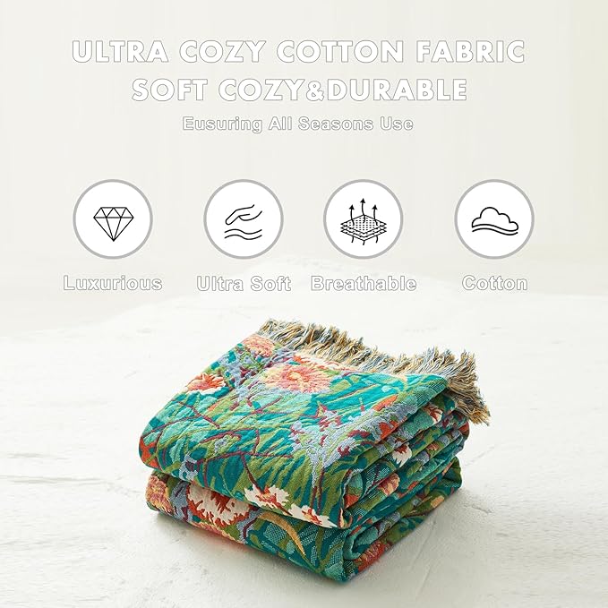 MSGKV Boho Throw Blanket for Couch Bed Chair 100% Cotton Muslin Breathable Floral Blanket 50"x60" Sofa Blankets for All Seasons Lightweight Farmhouse Blankets Boho Home Decor-Ruum Studio Home