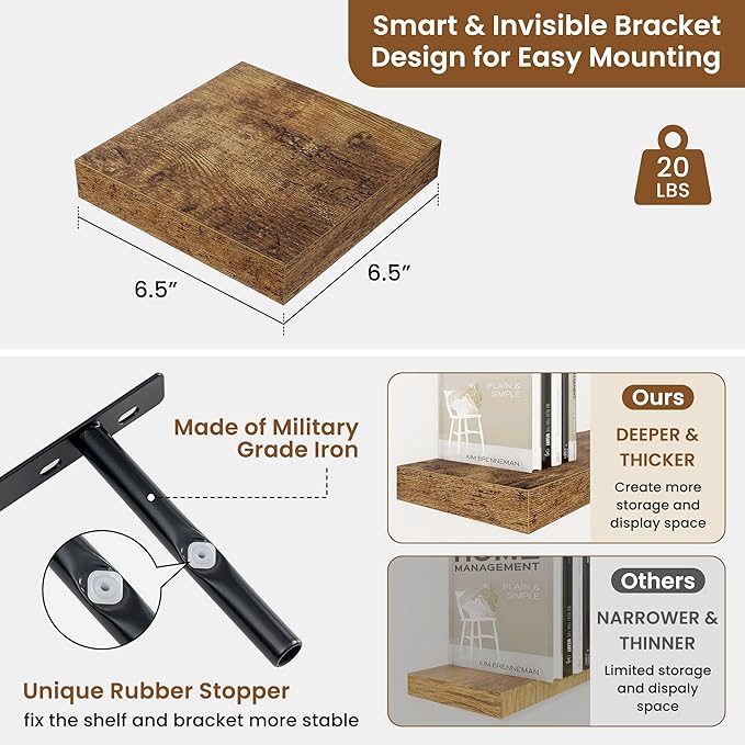 fuqing Floating Shelves for Wall, Bathroom Shelf Wall Mounted for Storage, Shelves with Invisible Bracket for Bedroom, Kitchen, Living Room, Farmhouse Small Book Shelf, 6.5 Inch Set of 3, Rustic Brown-Ruum Studio Home