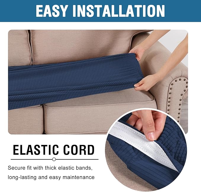 H.VERSAILTEX Super Stretch Individual Seat Cushion Covers Sofa Covers Couch Cushion Covers Slipcover Sets Thick Jacquard Textured Twill Fabric (1 Piece Loveseat Cushion Cover, Navy)-Ruum Studio Home