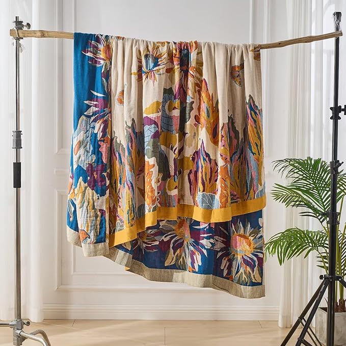 Boho Throw Blanket for Bed, Lightweight Reversible Quilt, Fall Cotton Blanket, Queen Size Boho Floral Bird Colorful Retro Quilt Ultra Soft Reversible Gauze Blanket for All Season, 80"x90"-Ruum Studio Home