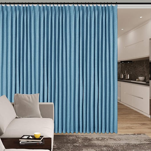 100% Blackout Linen Textured Drapes for Bedroom Pinch Pleated Curtains for Track System Portable Drapery for Sliding Glass Door/Storage/Space Room Divider, 70" Wx102 L, 1 PC, Blue-Ruum Studio Home