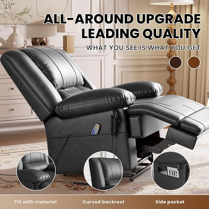 Large Dual Motor Power Lift Recliner Chair with Massage and Heat for Elderly People, Infinite Position,USB Ports and Remote Control,Breathable Leather (Black)-Ruum Studio Home