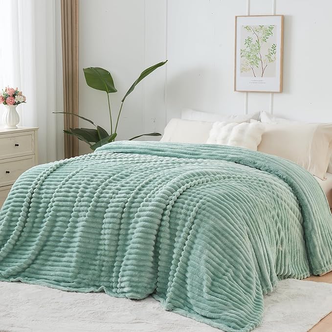 NEWCOSPLAY Super Soft King Blanket New Sage Green Premium Silky Flannel Fleece 3D Ribbed Jacquard Lightweight Bed Blanket All Season Use (New Sage Green Ribbed, King(90"x110"))-Ruum Studio Home