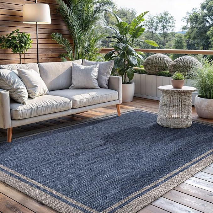 CAMILSON Outdoor Rug, 5x7 Bordered Navy Blue Gray Modern Area Rugs for Indoor and Outdoor Patios, Porches Waterproof Washable Porch Deck Outside Carpet (Bordered Navy, 5 x 7)-Ruum Studio Home