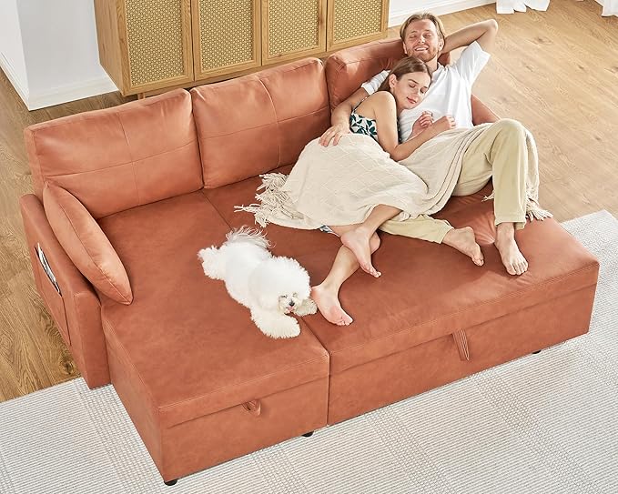 VanAcc Sleeper Sofa, Sofa Bed- 2 in 1 Pull Out Couch Bed with Storage Chaise, Sofa Sleeper Couch for Living Room, Brown Leathaire-Ruum Studio Home