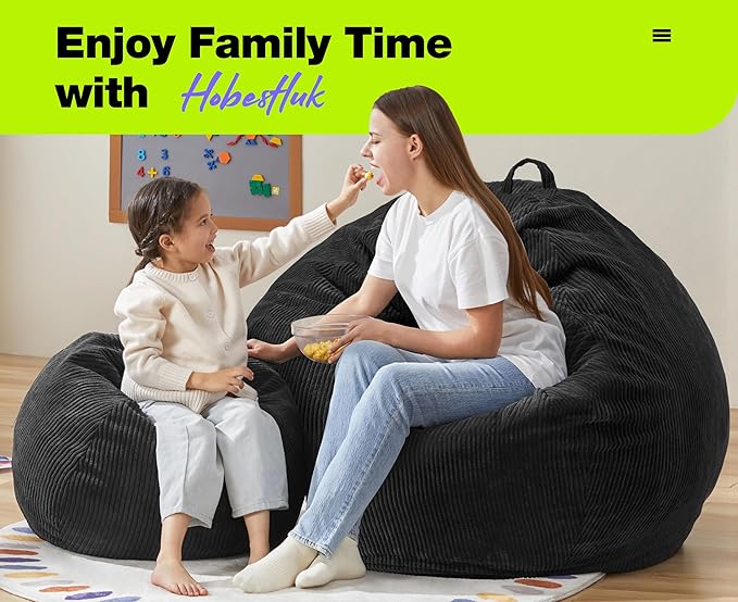Hobestluk 4.5FT Bean Bag Chair Giant Bean Bag Chair with Filler Included Adult Bean Bag Chairs with Removable Cover for Bedroom Living Room - (Jumbo, Black)-Ruum Studio Home