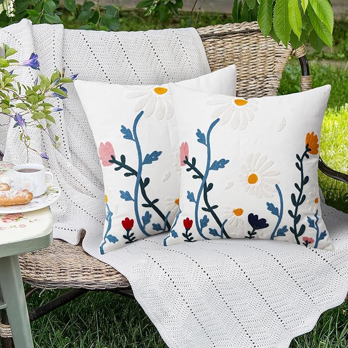 Merrycolor Embroidered Pillow Covers 18x18 Flower Pattern Decorative Throw Pillow Covers Comfortable Cotton Canvas Square Cushion Cases for Sofa Bed Living Room Decor-Ruum Studio Home