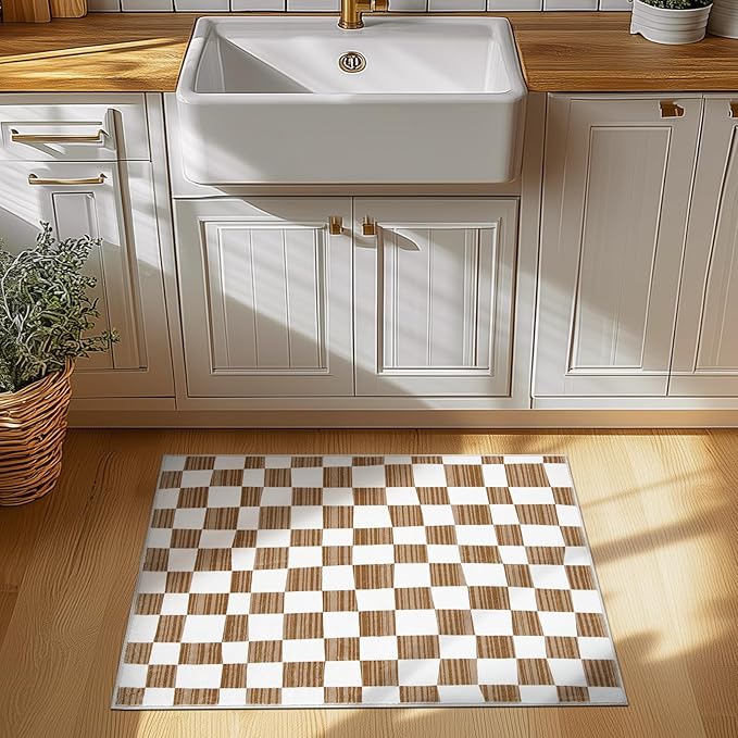 jinchan 2x3 Kids Area Rug Washable Indoor Entryway Doormat Modern Checkered Geometric Lattice Small Rug Non Slip Soft Carpet for Nursery Room Bedroom Bathroom Home Brown-Ruum Studio Home