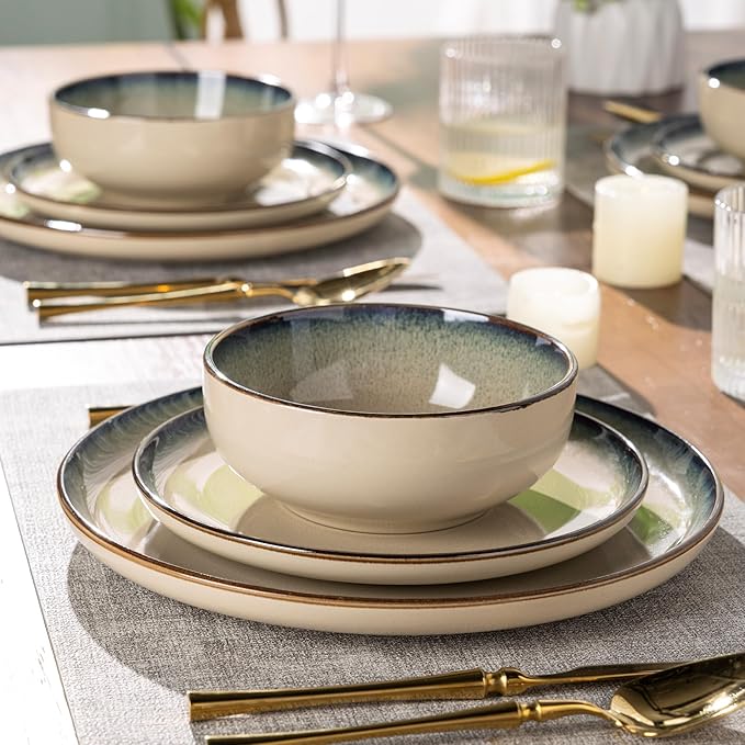 GBHOME Ceramic Dinnerware Sets for 4, 12 Pieces Stoneware Plates and Bowls Sets, Scratch Resistant Dishes, Dishwasher & Microwave Safe, Reactive Glaze-Gravel-Ruum Studio Home