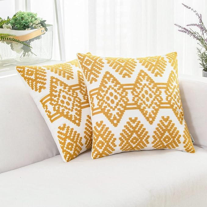 HWY 50 Mustard Yellow Decorative Throw Pillow Covers 18x18 Inch, Pack of 2 Embroidered Cotton Farmhouse Cushion Cover Pillow Case for Sofa Couch Living Room Bed Bedroon, Modern Diamond Geometric-Ruum Studio Home