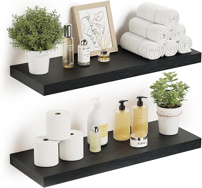 Black Floating Shelves for Wall Mounted, 24 inchs x 9.1” Deep x 1.5” Thick Wall Shelves for Bedroom, Living Room, Bathroom，Kitchen, Office, Home Decor Shelf with Invisible Bracket - Set of 2-Ruum Studio Home