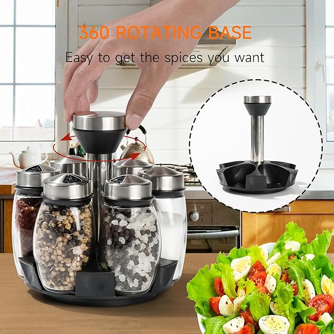Mlici 6PC Spinning Glass Spice Jars - 360° Rotating Spice Rack Organizer with Jars, Stainless Steel Revolving Seasoning Holder Jars for Countertop Cabinet Kitchen Spices Cruets-Ruum Studio Home