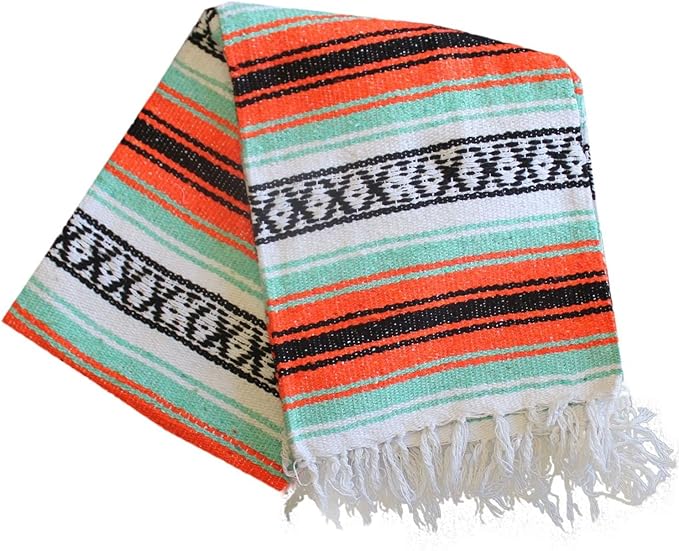 Del Mex Classic Mexican Blanket, Large Authentic Woven Falsa Throw (70"x50"), Artisan Southwest Décor for Beach, Yoga, Outdoors (Mint/Orange)-Ruum Studio Home