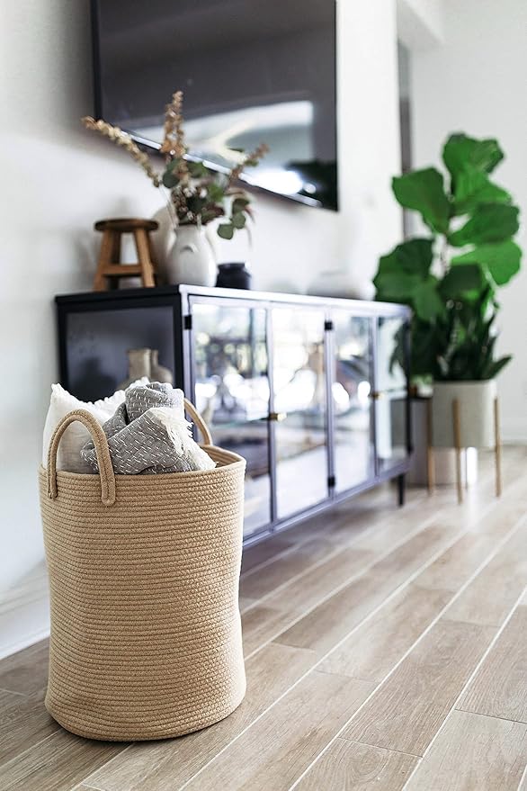 OrganiHaus Large Woven Baskets for Storage 15x18, Cotton Rope Baskets for Storage, Tall Blanket Basket for Living Room, Nursery Laundry Basket, Big Basket for Toys, Basket for Blankets, Honey-Ruum Studio Home