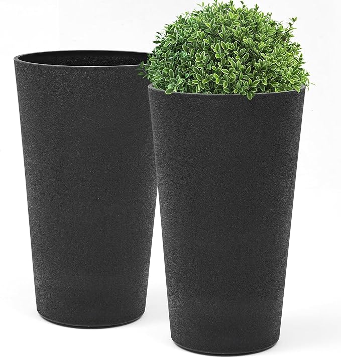 24" Tall Planters for Outdoor Plants, Set of 2 Heavy-Duty Resin Flower Pots, Matte Black Leather Grain Finish, Durable & Weather-Resistant, Ideal for Garden, Patio, Yard, Porch, or Home Use-Ruum Studio Home
