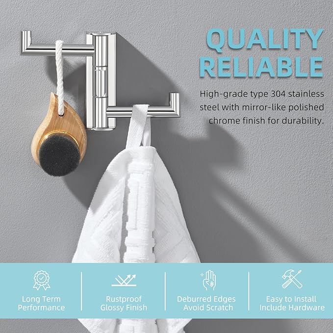 Angle Simple Towel Hook for Bathroom, SUS 304 Stainless Steel Foldable Robe Towel Holder, Wall Coat Hook, Polished Chrome-Ruum Studio Home