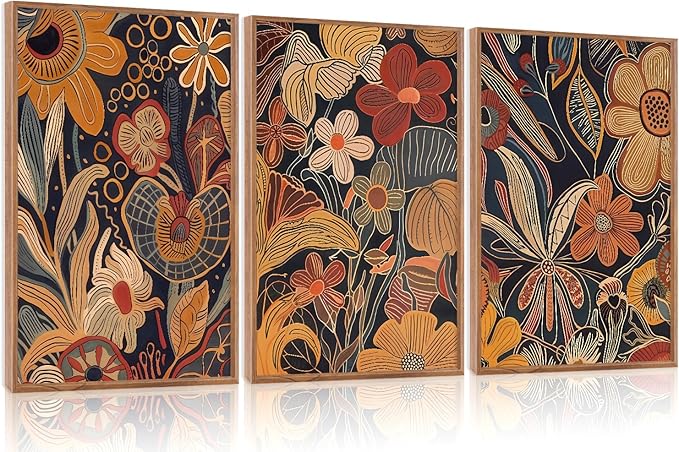Aurlan Burnt Orange Wildflowers Botanical Wall Art Set(16"x24"), 3 Pieces Abstract Floral Blossom Framed Canvas Artwork, Large Mid Century Modern Boho Nature Wall Decor for Office Bedroom Living Room-Ruum Studio Home