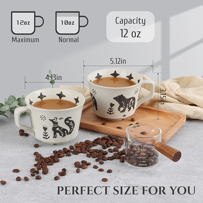 Ceramic Coffee Mug, 12 oz Novelty Unique Teacup with Large Handle, Stoneware Cup for Tea Mocha Latte Cappuccino Espresso (Set of 2, Fox and Bear)-Ruum Studio Home