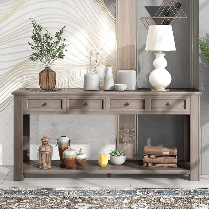 Solid Wood Console Table,Long Sofa Table Entryway Table with 4 Drawers and Bottom Shelf for Hallway Living Room Couch Table,Fully Assembled (63" Gray Wash)-Ruum Studio Home