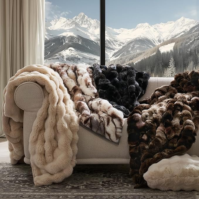EVERGRACE Ultra Soft Luxury Fluffy Ridgeline Faux Rabbit Fur Throw Blanket, Thick Warm Bubble Throw for Bed, Cozy Plush Reversible Blankets for Couch, Chair, Sofa, Beige & Gray, 60x80 Inches, 870 GSM-Ruum Studio Home