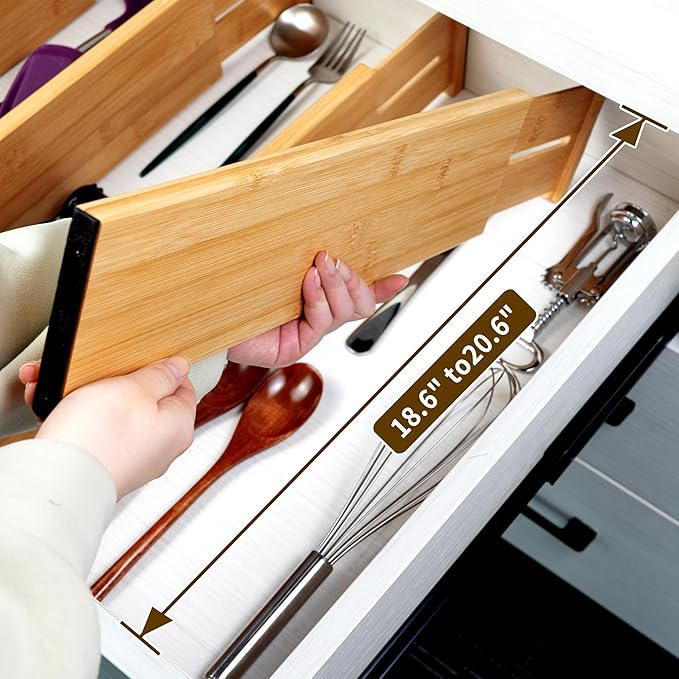 Utoplike Bamboo Drawer Dividers Large(Fits 18.6"-20.6" Drawer Inner Size, Height > 4.05"), Adjustable Kitchen Drawer Organizers for Clothing, Spring Loaded, 4 pcs-Ruum Studio Home