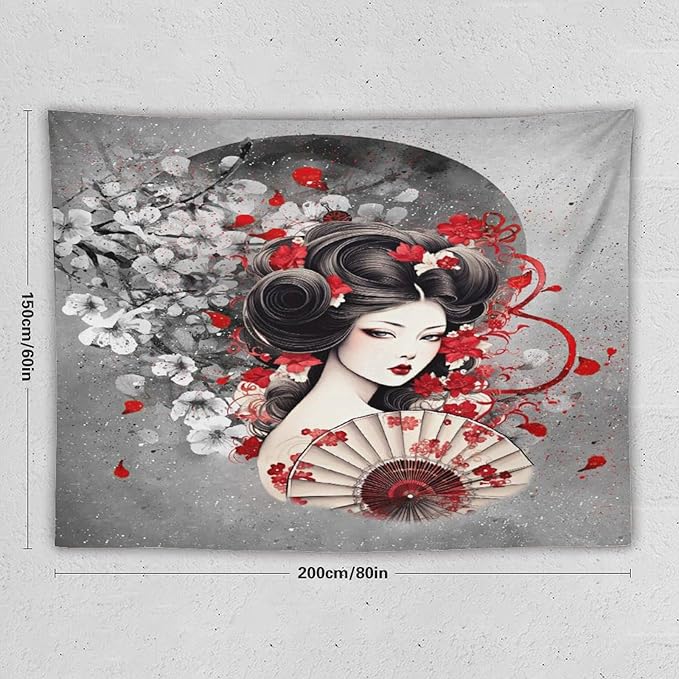 Japanese Geisha Tapestry Asian Red Cherry Blossom Red Sun Traditional Kimono Folk Tapestries Home Decor for Living Room Bedroom Apartment Farmhouse Dorm 80"x60"-Ruum Studio Home