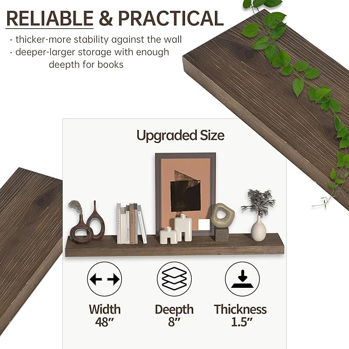 Floating Shelves for Wall, USA-Sourced Fir Wood 48 Inch Wall Shelves Set of 1, Natural Rustic Solid Wooden Floating Shelves Wall Mounted, Nursery Book Storage Shelf, Display Shelf for Bathroom-Ruum Studio Home