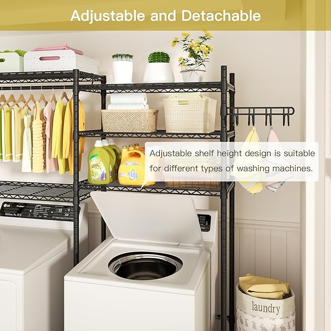Ulif 65.3" W x 13.4" D x 77.5" H Clothes Drying Rack, 5 Tiers Over Washer and Dryer Laundry Room Storage and Organizer, Heavy-Duty Space Saver, Black-Ruum Studio Home